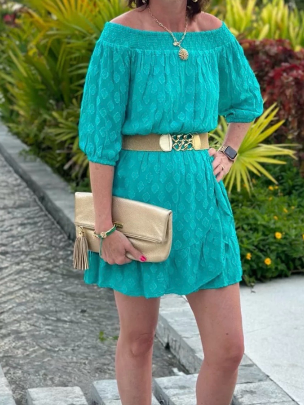 Lilly Pulitzer Rochelle off the shoulder Romper in Water Lilly Green size S